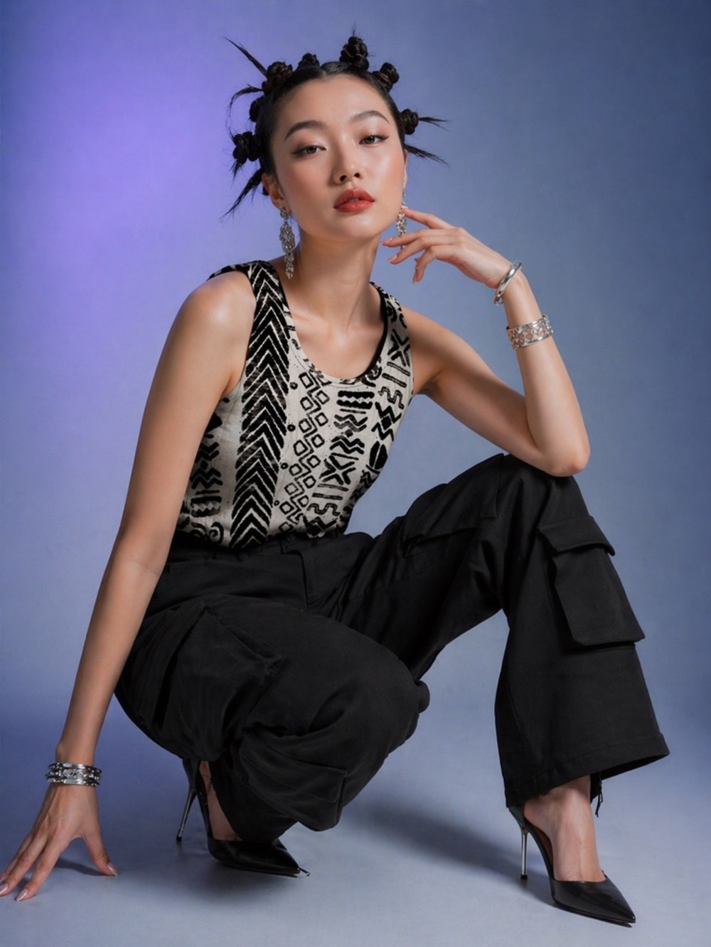 Elodie Black and White Tribal Pattern Tank Top - Size XS